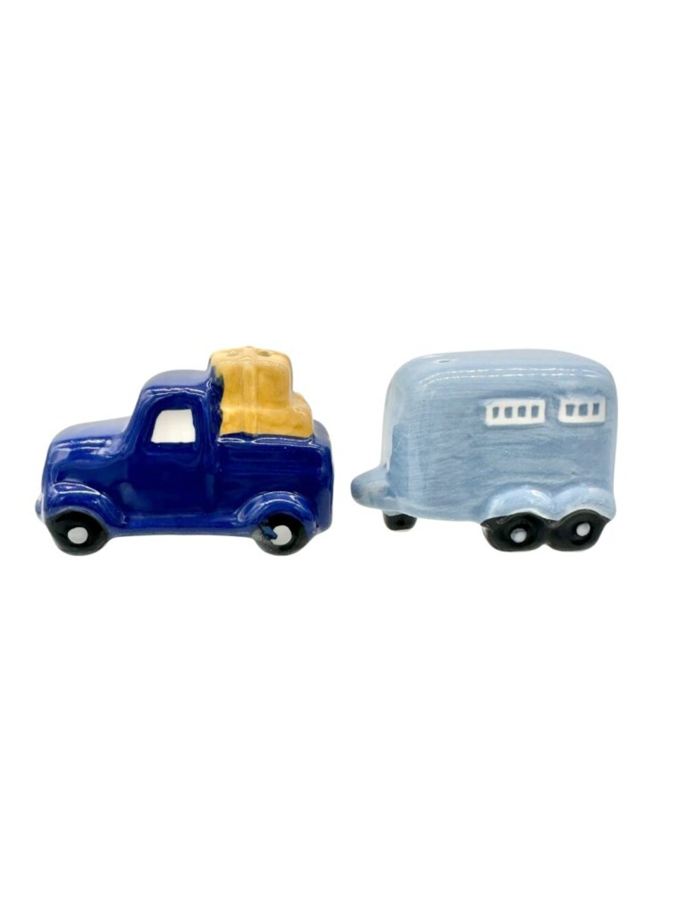 Ceramic Truck and Trailer Salt And Pepper Shaker Set in Blue and Yellow Adorable